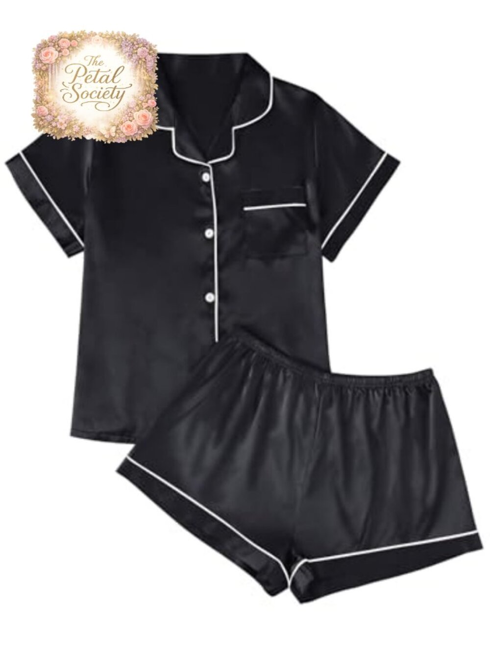 Silk Satin Pajama Set Short Sleeve Button Front Top & Shorts 2 Piece Lounge